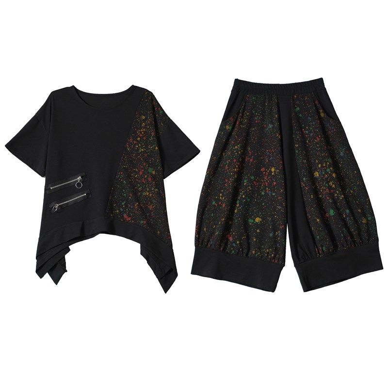 胖MM拼接印花短袖T恤+裤子两件套女2025夏季大码女装休闲时尚套装,淘宝优惠券,粉丝福利购,淘宝优惠卷