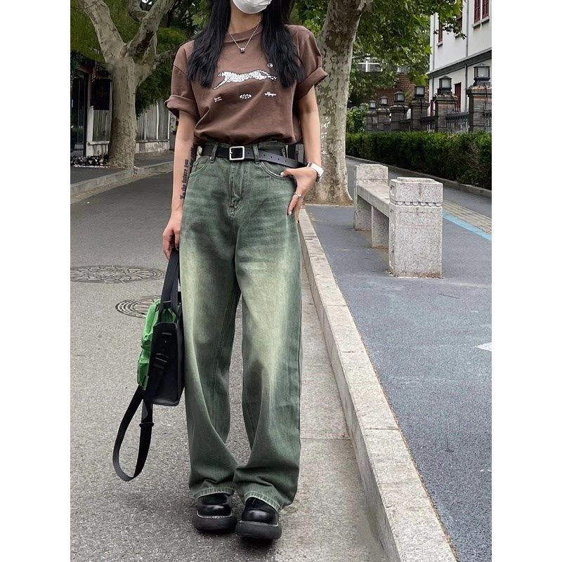 特大码胖mm直筒绿色牛仔裤女梨型身材遮肉遮胯宽松高腰显瘦女裤子,淘宝优惠券,粉丝福利购,淘宝优惠卷