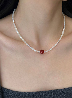 珍珠母贝新款轻奢玛瑙碎银项链