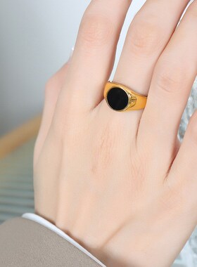 韩版气质暗黑系金属黑色滴油圆形几何型戒指小众设计配饰饰品