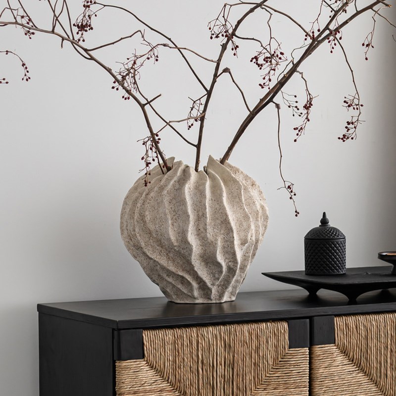 润家家居侘寂风褶皱陶罐r客厅玄关花瓶纯手工不规则花器插花盆摆 - 图0