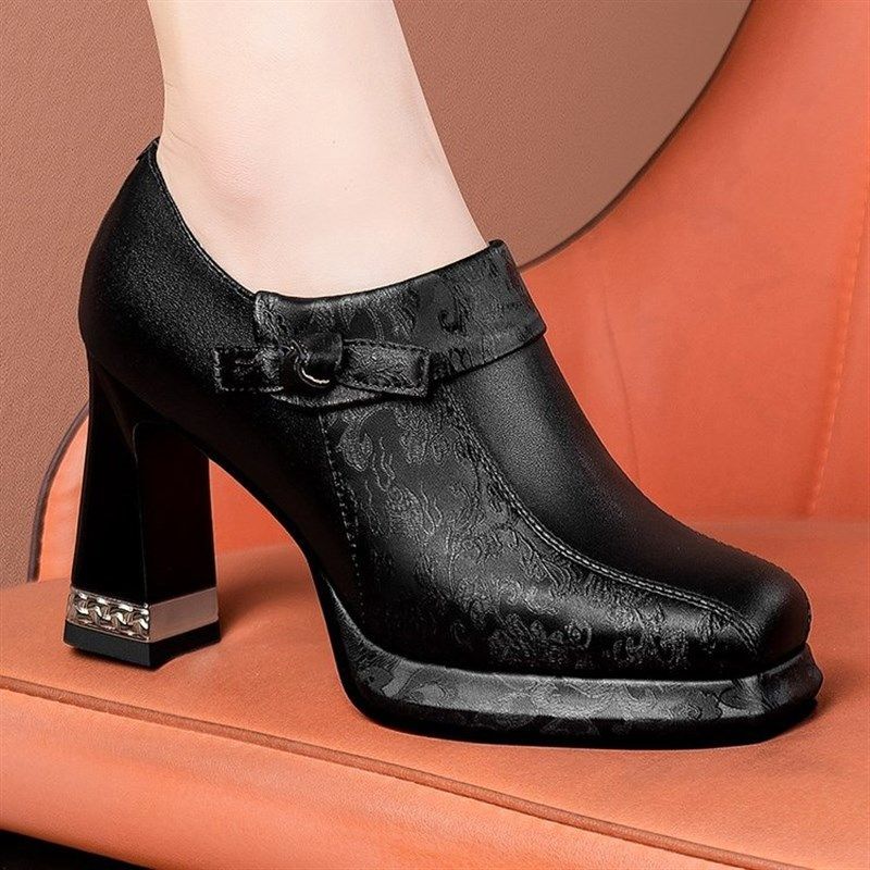 方头粗跟深口单鞋女真皮2025新款防水台高跟鞋百搭女士皮鞋不累脚,淘宝优惠券,粉丝福利购,淘宝优惠卷