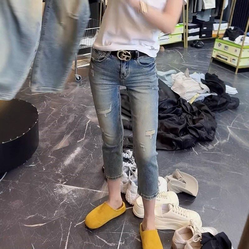 2025春季新款复古修身九分烟管裤大码女装高腰显瘦直筒破洞牛仔裤,淘宝优惠券,粉丝福利购,淘宝优惠卷