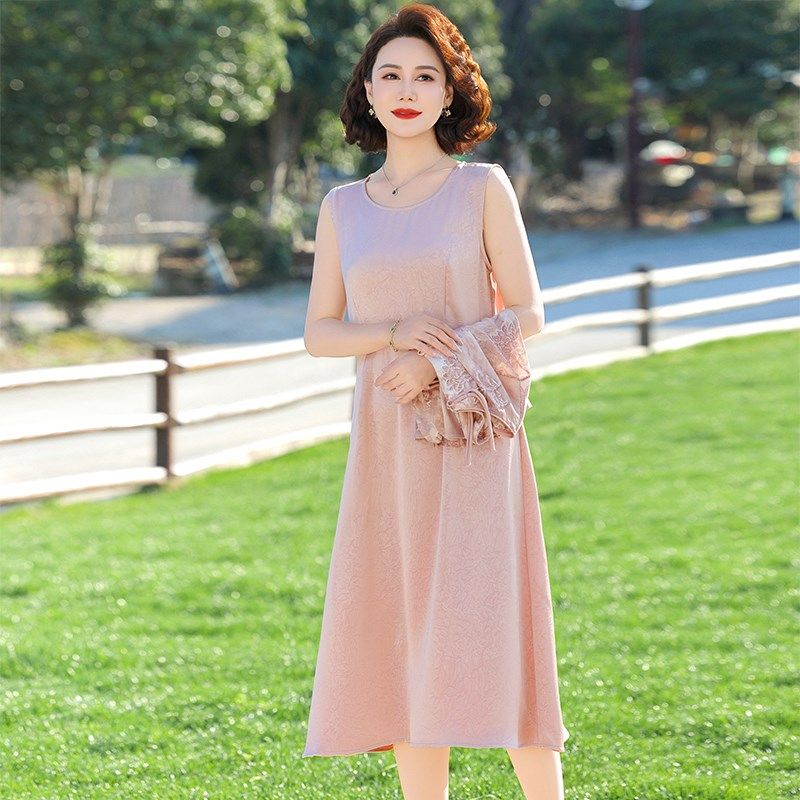 新中式妈妈夏装2025新款连衣裙套装中老年女装夏季雪纺小衫两件套,淘宝优惠券,粉丝福利购,淘宝优惠卷