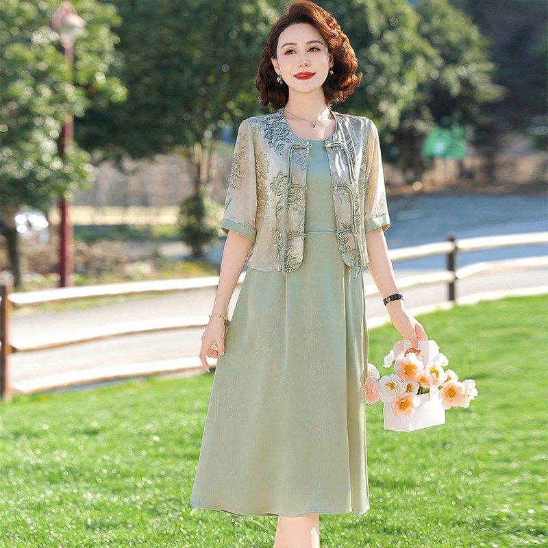 新中式妈妈夏装2025新款连衣裙套装中老年女装夏季雪纺小衫两件套,淘宝优惠券,粉丝福利购,淘宝优惠卷