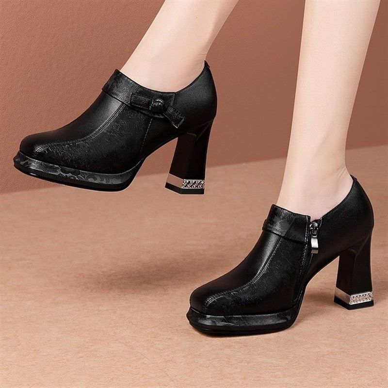 方头粗跟深口单鞋女真皮2025新款防水台高跟鞋百搭女士皮鞋不累脚,淘宝优惠券,粉丝福利购,淘宝优惠卷