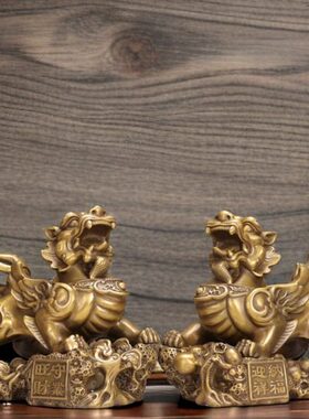 古玩收藏纯铜招财财富貔貅一对黄铜皮丘家居办公室吧台装饰摆件