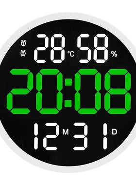 韩版LED简约挂钟客厅圆形时钟静音数字温湿度电子钟12寸挂钟6620