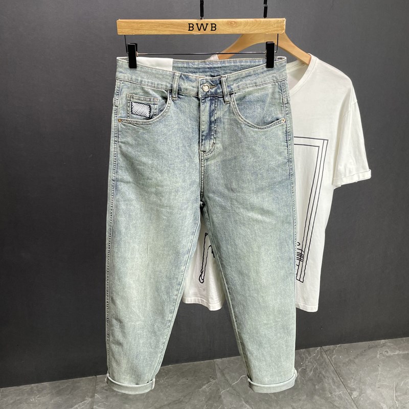 Trendy brand high-end quality light blue men's jeans loose breathable straight American high street casual nine-point pants