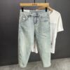 Trendy brand high-end quality light blue men's jeans loose breathable straight American high street casual nine-point pants