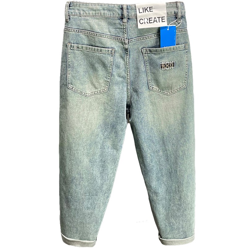 Trendy brand high-end quality light blue men's jeans loose breathable straight American high street casual nine-point pants