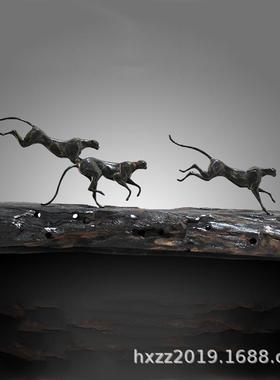 中式黄铜豹子摆件创意三只小工艺品办公室家居书桌装饰品黄铜工艺