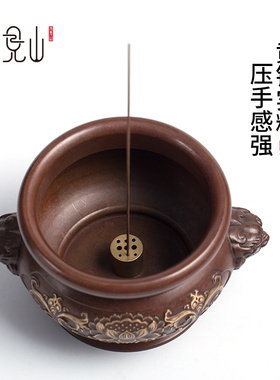 缸式纯铜线香炉家用室内供奉供佛檀香炉家居狮耳莲花香薰炉烧香炉