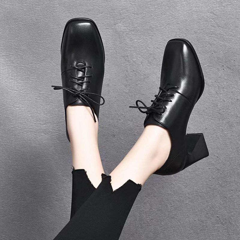 时尚休闲春秋真皮粗跟深口单鞋英伦风系带方头小皮鞋亮皮女高跟鞋,淘宝优惠券,粉丝福利购,淘宝优惠卷