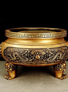 纯黄铜双龙香炉摆件二龙戏珠三足鼎炉大号家居室内祠堂供奉圆底炉