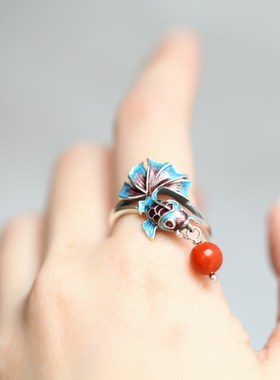 鱼莲纯银饰品中国风女款复古风民族风铃铛会动的网红小众食指戒指