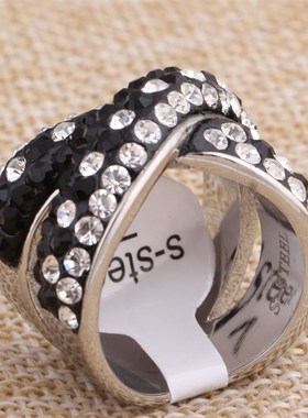 新品时尚流行不锈钢镶钻戒指 两排花色钻戒指男女式交叉指环现货