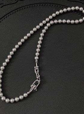 高级感灰色珍珠金属链条项链女小众复古个性简约百搭颈链锁骨链