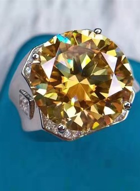 经典款10克拉黄莫桑钻戒指男款八心八箭切工火彩超好爆闪香槟黄