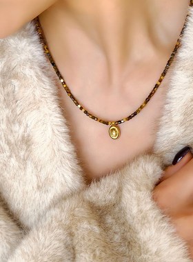 小众复古虎眼石项链女方糖珠轻奢天然石串珠链子气质锁骨链配饰品