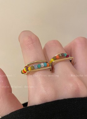 多巴胺彩色串珠开口戒指女小众设计食指戒时尚个性网红可调节指环