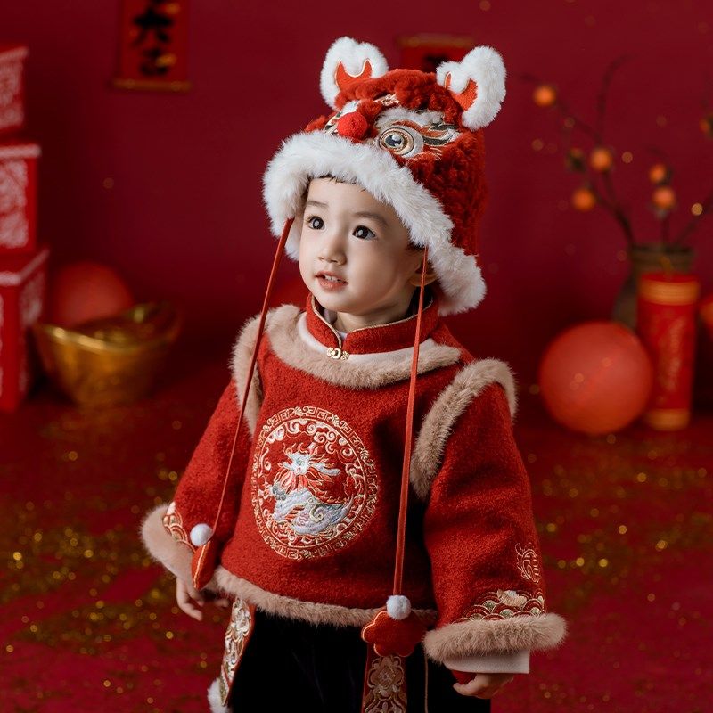 男童汉服冬季2024新款儿童加绒加厚红色喜庆拜年服套装男宝宝唐装,淘宝优惠券,粉丝福利购,淘宝优惠卷