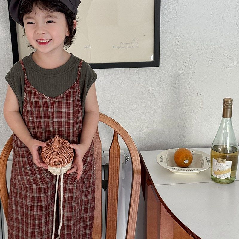 暮晨家新款夏装2024男童格子上衣背带裤宝宝洋气森系连体衣七分裤,淘宝优惠券,粉丝福利购,淘宝优惠卷