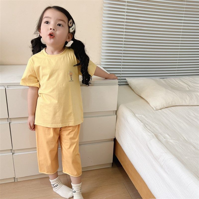 高级慵懒风~韩版儿童居家外出服夏季男童短袖七分裤套装女孩睡衣,淘宝优惠券,粉丝福利购,淘宝优惠卷