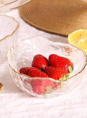 锤纹金边玻璃碗大号家用餐具日式水果沙拉碗透明甜品碗燕麦网红碗