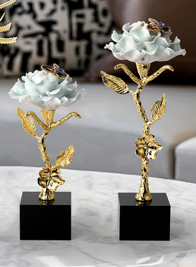 新中式轻奢高档纯铜花朵摆件客厅电视柜办公室装饰品创意乔迁礼物