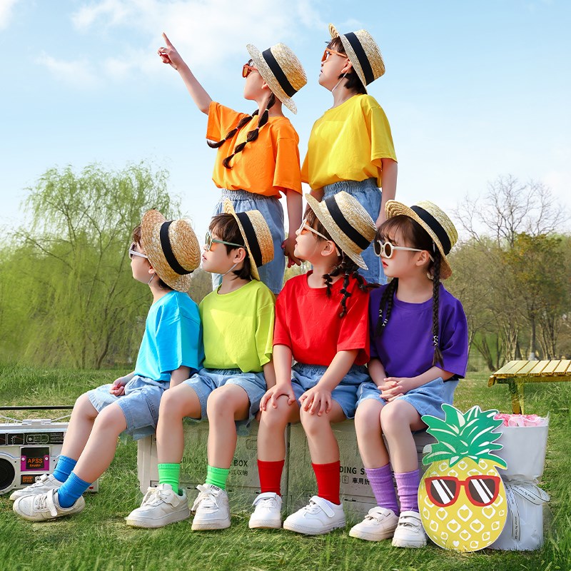 六一儿童节演出服彩色T恤小学生啦啦队表演服幼儿园毕业套装男女 - 图3