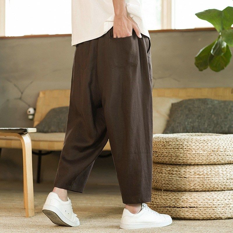 100%纯亚麻中国风轻薄透气阔腿哈伦裤男裤子夏季宽松九分休闲长裤,淘宝优惠券,粉丝福利购,淘宝优惠卷