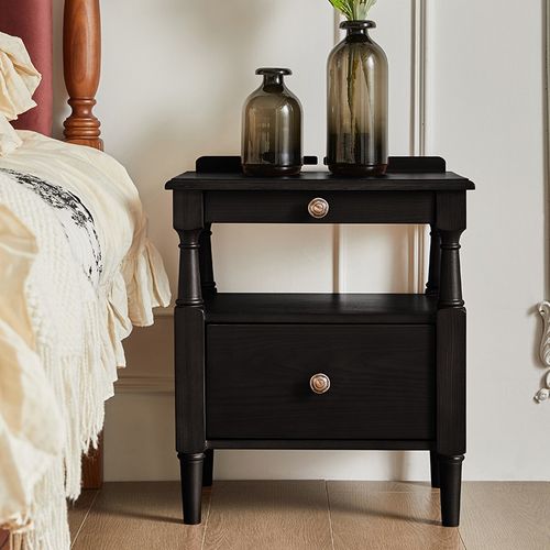 恒沃 床头柜小型法式复古卧室家用黑色白蜡木实木美式床边收纳柜 - 图1