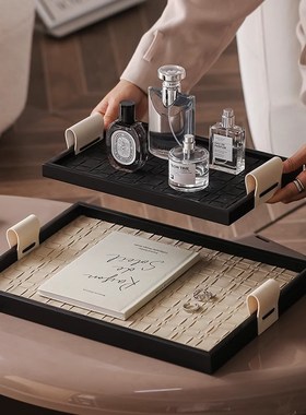 现代轻奢黑色皮质手提香薰托盘摆件高级感置纳客厅茶几摆盘装饰品