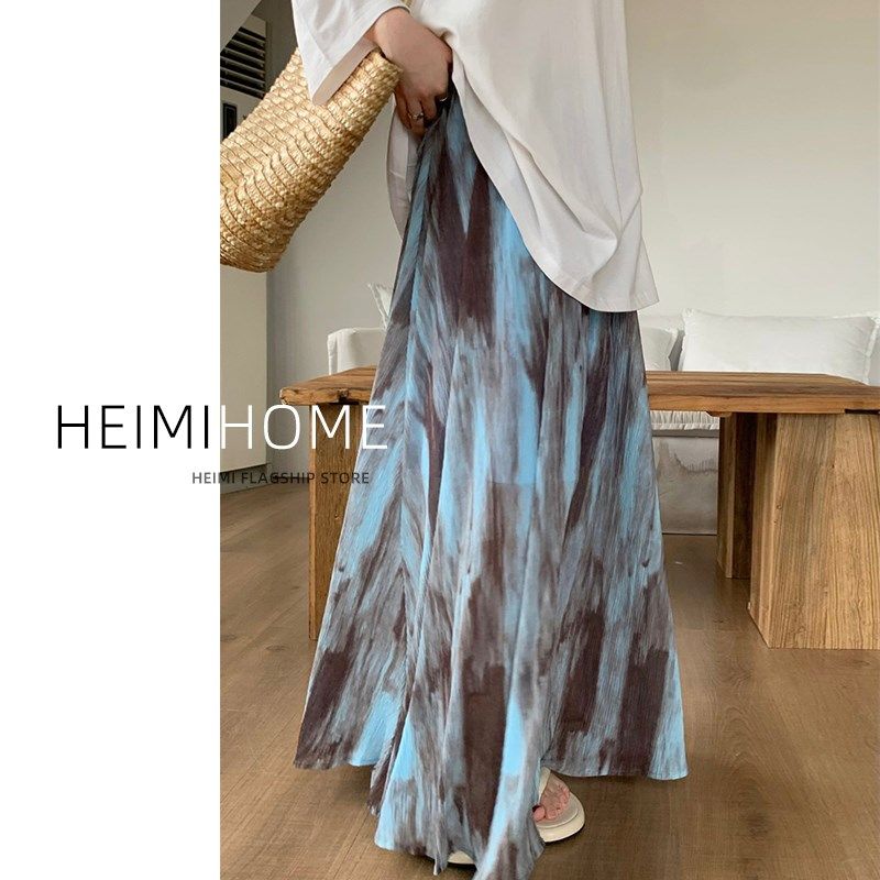 复古扎染半身裙女夏薄款水墨画褶皱A字长裙垂坠感中长款大摆伞裙,淘宝优惠券,粉丝福利购,淘宝优惠卷