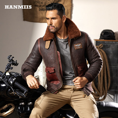 HANMIIS空军A2皮夹克原生态羊皮毛一体做旧冬季皮草外套真皮皮衣 - 图0