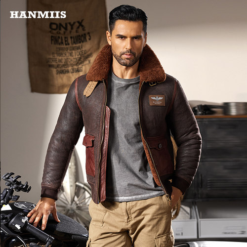 HANMIIS空军A2皮夹克原生态羊皮毛一体做旧冬季皮草外套真皮皮衣 - 图3