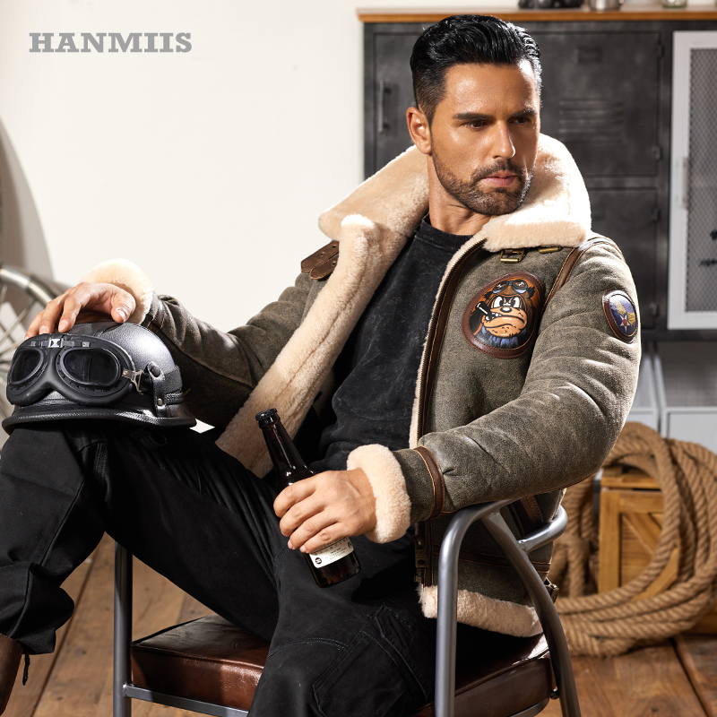 HANMIIS美式空军飞行服厚冬季 B3皮毛一体外套男绵羊真皮皮衣机车 - 图1