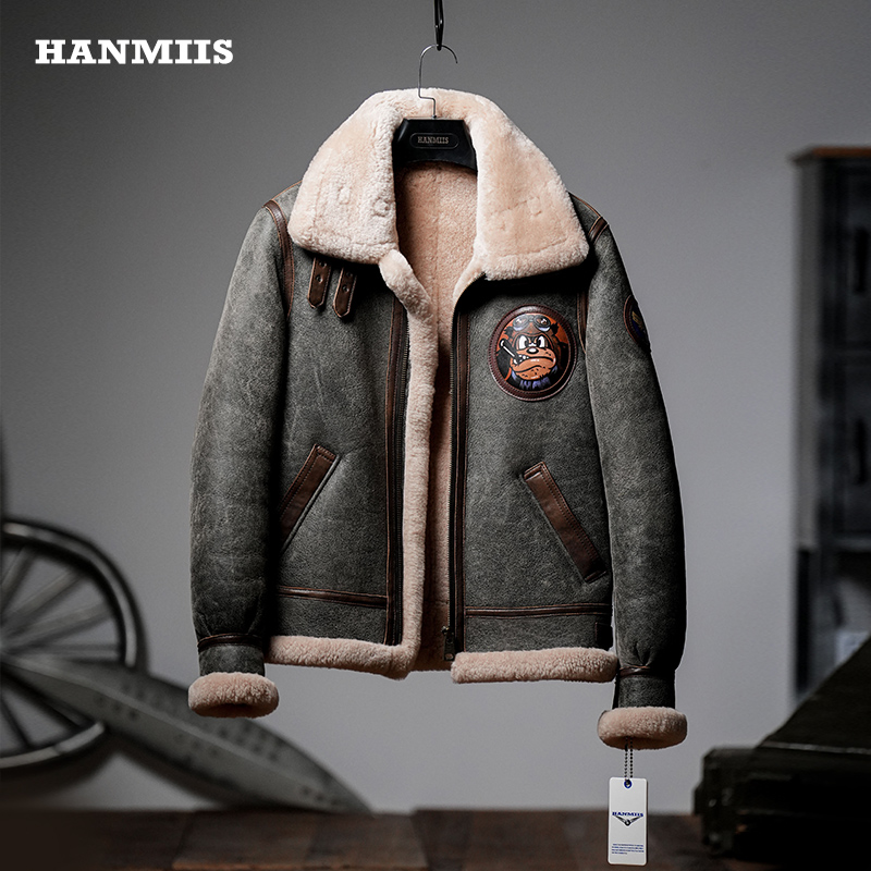 HANMIIS美式空军飞行服厚冬季 B3皮毛一体外套男绵羊真皮皮衣机车 - 图0