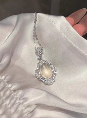 纯银中式高冰玉髓吊坠项链玛瑙椭圆镶嵌长款国风爱丽丝锁骨链