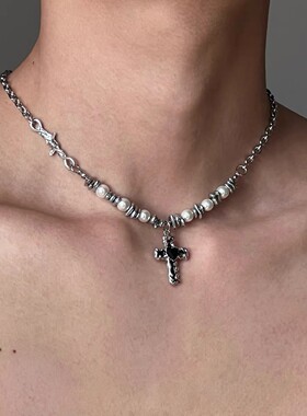 新款2025珍珠异形石拼接十字架项链百搭个性锁骨小众设计男女嘻哈