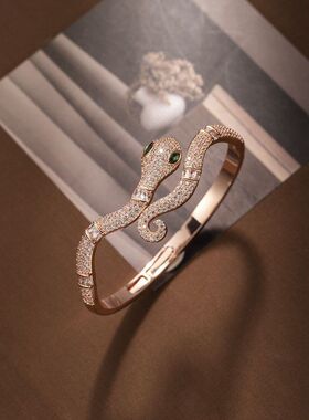新款镀金开口满钻银环蛇时尚轻奢玫瑰金灵蛇手镯热销推荐高级