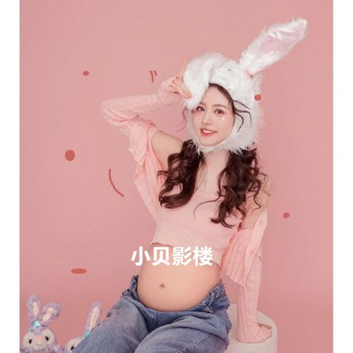 影楼新款孕妇拍照主题小清新俏皮可爱针织套装孕妈摄影艺术照服装 - 图3