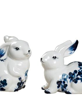 景德镇陶瓷器家居装饰一对兔子摆件 雕塑瓷摆设 创意礼物工艺品