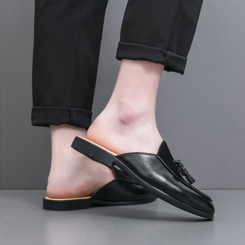 包头半拖鞋男士夏季潮流尖头休闲皮鞋无后跟懒人一脚蹬流苏豆豆鞋,淘宝优惠券,粉丝福利购,淘宝优惠卷