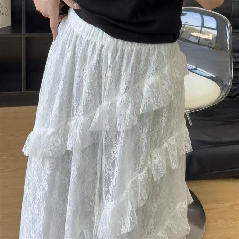 白色蕾丝网纱半身裙女长款拼接斜纹大码胖mm显瘦仙女A字蛋糕裙子,淘宝优惠券,粉丝福利购,淘宝优惠卷