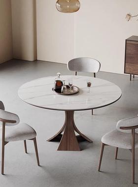 北欧实木餐桌圆形带转盘6人家用现代简约意式高端亮光岩板圆餐桌