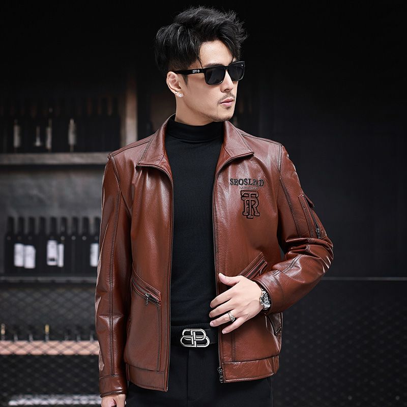 新款海宁短款真皮皮衣男头层牛皮皮夹克机车立翻领红棕色休闲外套 - 图1