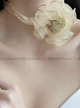夏季新款复古仙气女网纱金丝蕾丝颈链高级感植物花卉项链锁骨链
