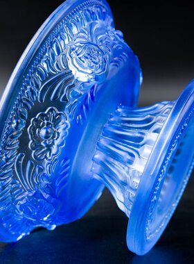 蓝色水琉璃护法杯供水供酒八吉祥供杯 西藏密宗法器具 大号 蓝色